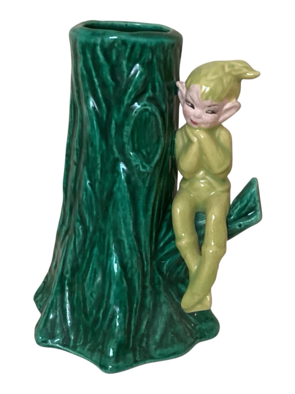 Vintage Gilner Elf Pixie Green Tree Trunk Vase 6” 1950